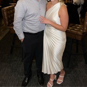 Off White Bobbles & Lace Silk Pleated Cut Out One Shoulder Dress